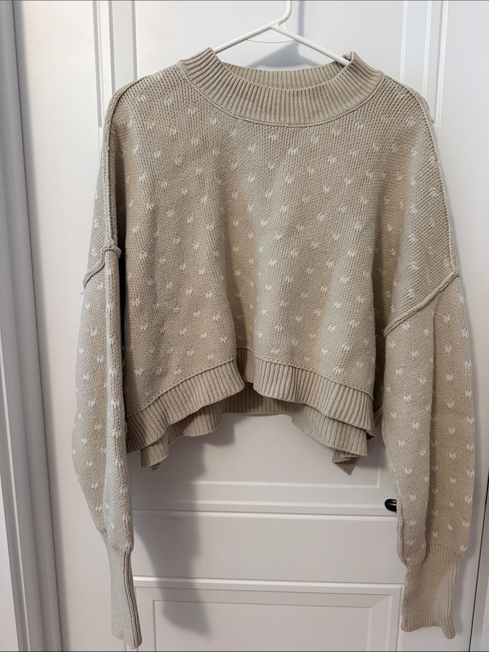 Free People Tan And Cream Patterned Ribbed Mock-Neck Cropped Sweater